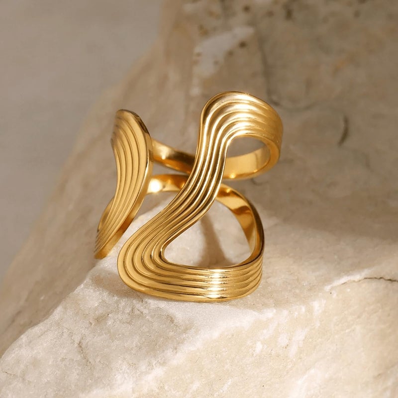 AiTURE Chunky Rings For Women, Gold Silver Thumb Ring Asymmetrical Wavy Curve Ring Adjustable Non Tarnish Dainty Stainless Steel New Year Anniversary Birthday Jewelry Gift - Image 2